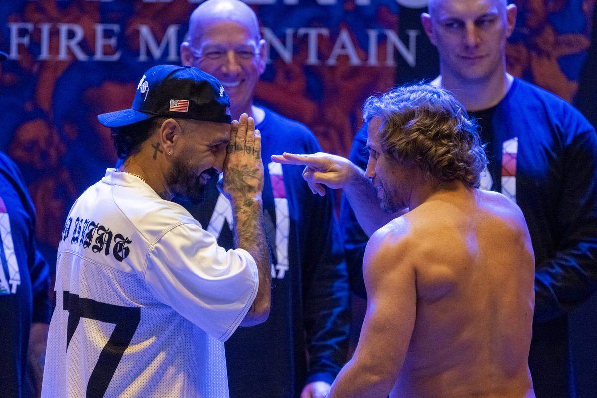 Urijah Faber and Francisco Rivera Jr. joke around during the ceremonial weigh-in at Hard Rock Hotel & Casino Sacramento on Thursday. The last time they fought was in 2014 at UFC 181 in Las Vegas. Replays showed Faber accidentally poked Rivera in the eye before the follow-up sequence that led to the submission. 