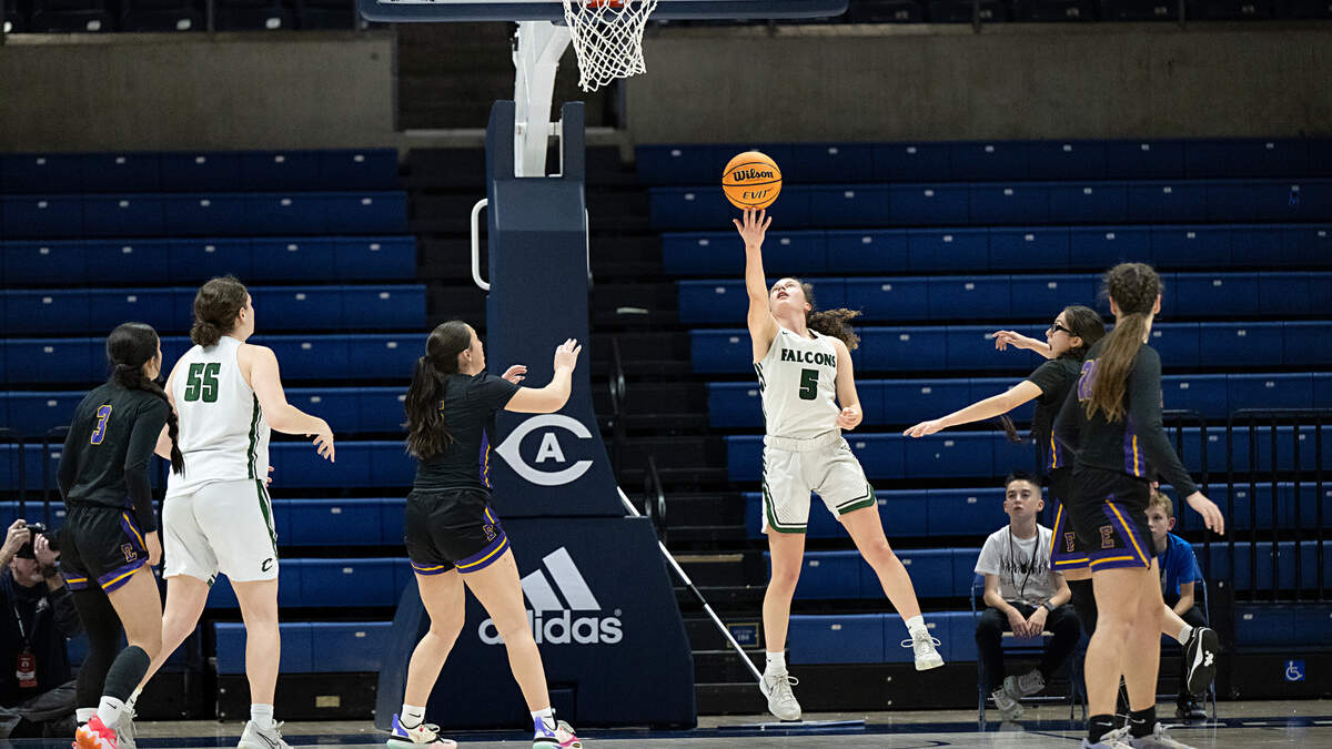 Colfax’s Kaia Diederichs attempts a layup during the Sac-Joaquin Section Division IV girls basketball championship game against Escalon at UC Davis on Friday.