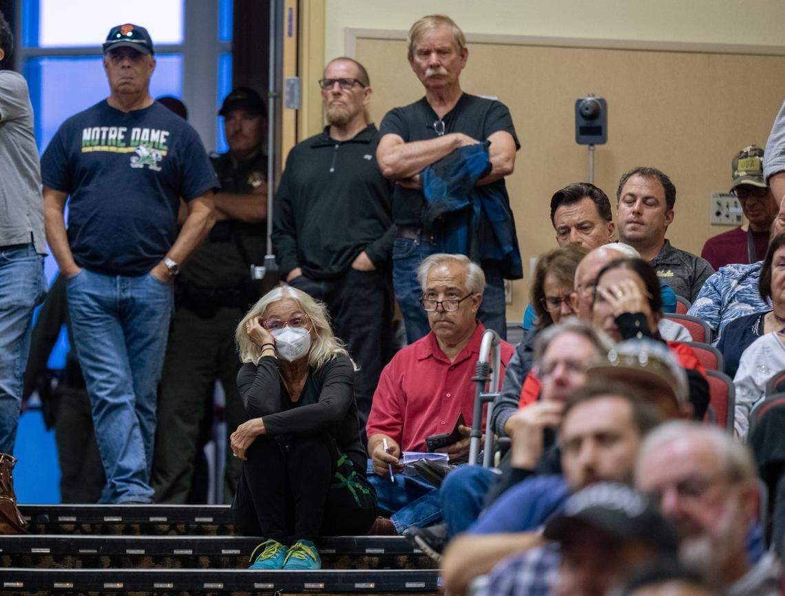 Community members listen on Oct. 1 at Del Oro High School during a meeting about the proposed Hope Way Apartments affordable housing project in Penryn.