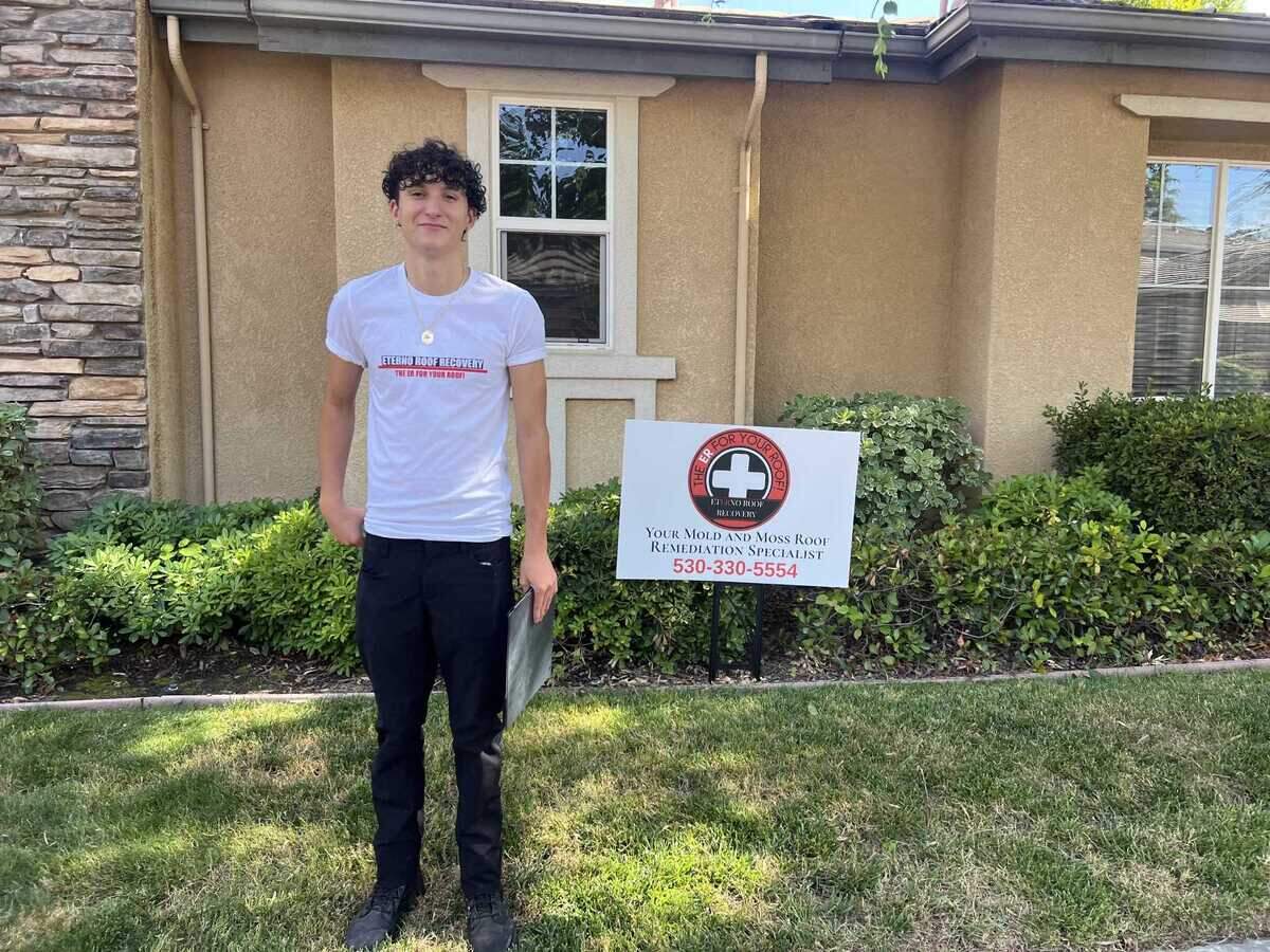 MarcoAntonio Bindel wears a T-shirt advertising one of his business ventures, Eterno Roof Recovery, in this undated photo. He planned to launch three businesses after his senior year at Rocklin High School to save up money for college. His plans became uncertain after a stabbing attack Sept. 14 in Sacramento on Alhambra Boulevard.