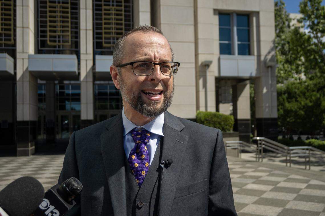 Immigration attorney Patrick Kolasinski announces during a press conference outside the Matsui Federal Courthouse in Sacramento on Tuesday, April 14, 2026, that Carlos Mendoza will be on a 48 hour stay before bail will be allowed.