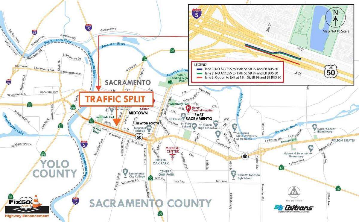 An illustration provided by Caltrans of the lane configuration of the W-X portion of the Capital City Freeway during construction of a new carpool lane the eastbound side of Highway 50.