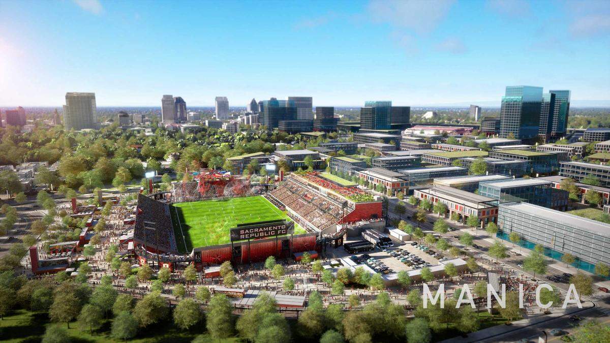 This 2022 rendering depicts an earlier concept for Sacramento Republic FC’s proposed stadium in the downtown Railyards. The team plans to unveil updated designs ahead of a Sacramento City Council vote on June 10 to approve the project. The current proposal outlines a 12,000-seat stadium, expandable to 20,000 to meet future Major League Soccer requirements.