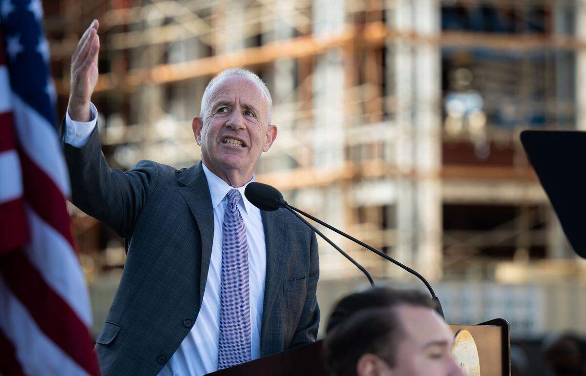Sacramento Mayor Darrell Steinberg gestures toward the rising Aggie Square development project during his final State of the City address on Thursday.