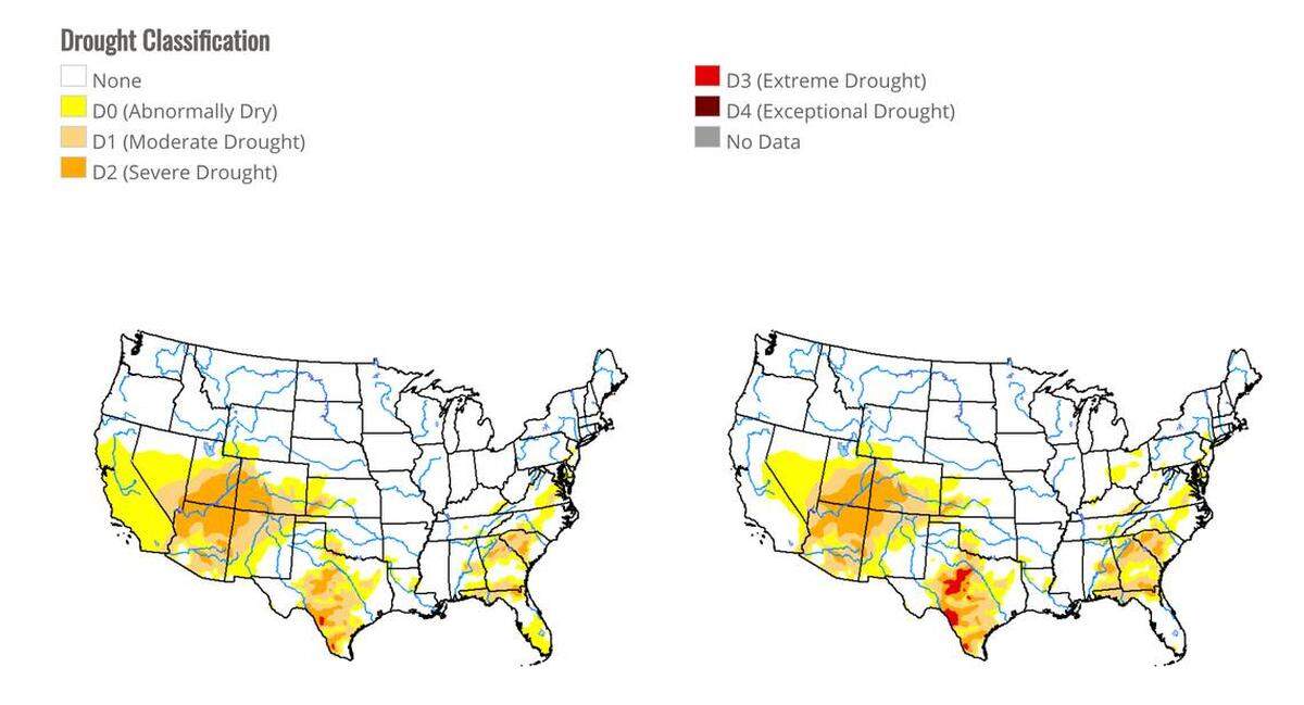 The map on the left shows dry and drought conditions spreading in California as of Nov. 12, 2019, while the map on the right shows drought conditions across the country just a week earlier, on Nov. 5, 2019.