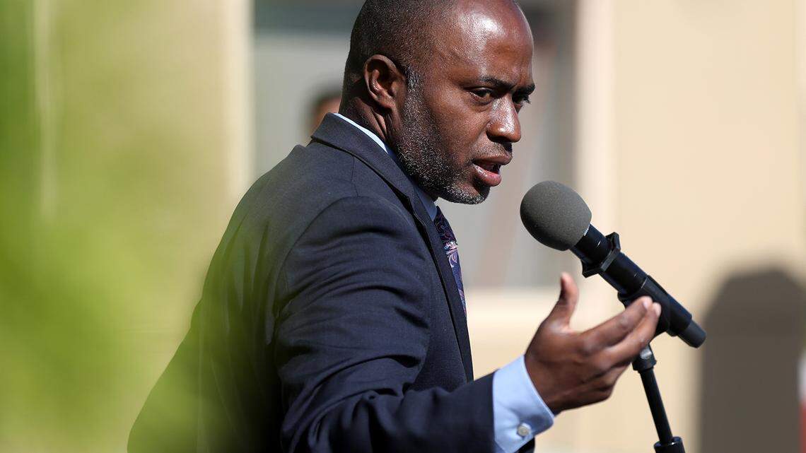 California State Superintendent of Schools Tony Thurmond speaks during a news conference at Nystrom Elementary School in Richmond on May 17, 2022.
