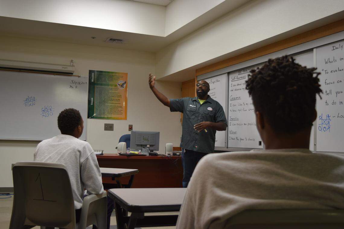 Tyrone Weaver speaks to the Intensive Skill-Building Unit at the Sacramento Youth Detention Facility, where kids go if they get into fights or have issues with the other residents, on July 17, 2019. Weaver also runs the Capacity Changers program at the facility.