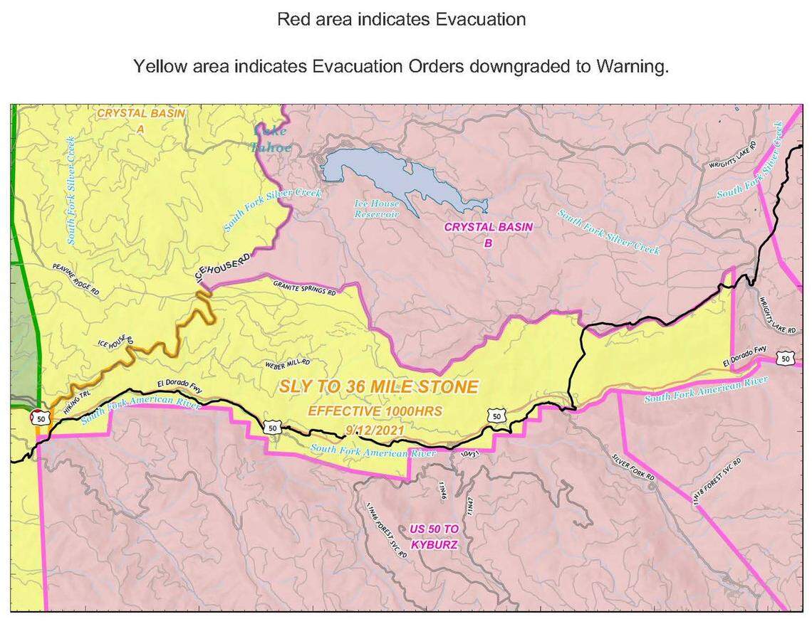 A Cal Fire map shows the areas along Highway 50 where evacuation orders have been lifted.