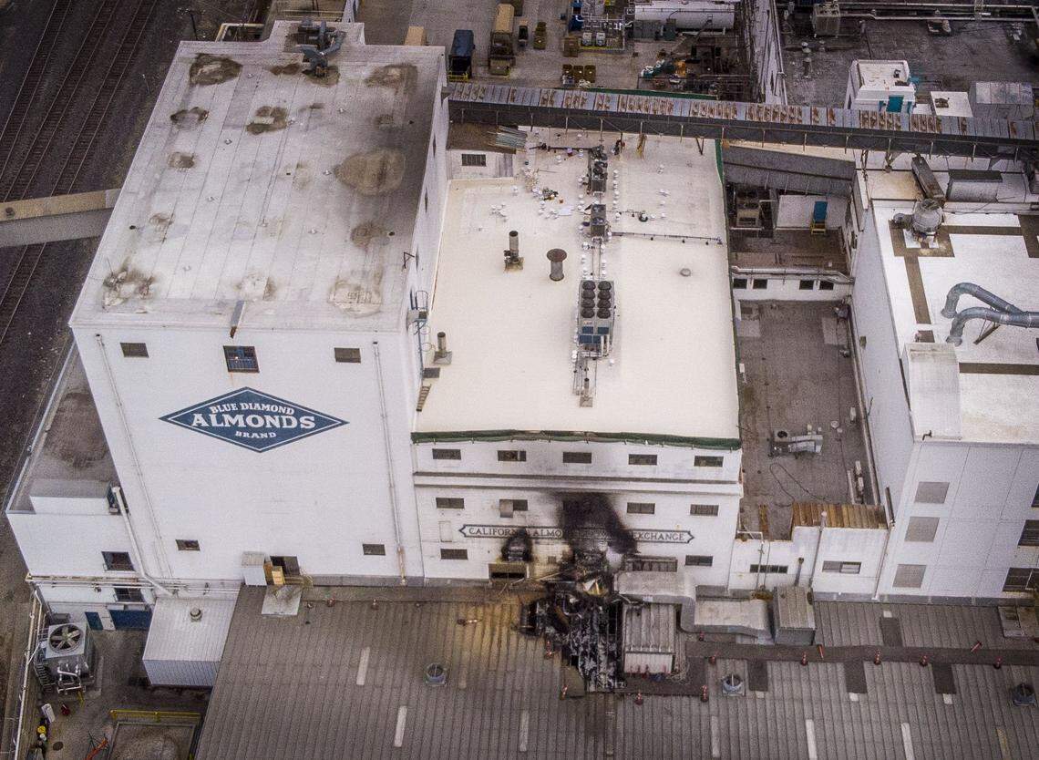 A building at the Blue Diamond almond plant in Sacramento suffered damage in 2019 after a four-alarm fire sparked on the factory’s second floor. The cooperative said on Friday, June 6, 2025, that it would close the facility on 53 acres in midtown, shifting some jobs to other Central Valley locations.