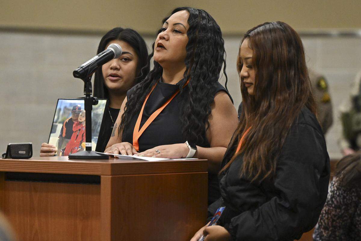 Maria Soriano, partner of Esparto explosion victim Christopher Bocog, speaks in Yolo Superior Court in Woodland on Thursday, April 16, 2026, during the arraignment of those indicted in the explosion.