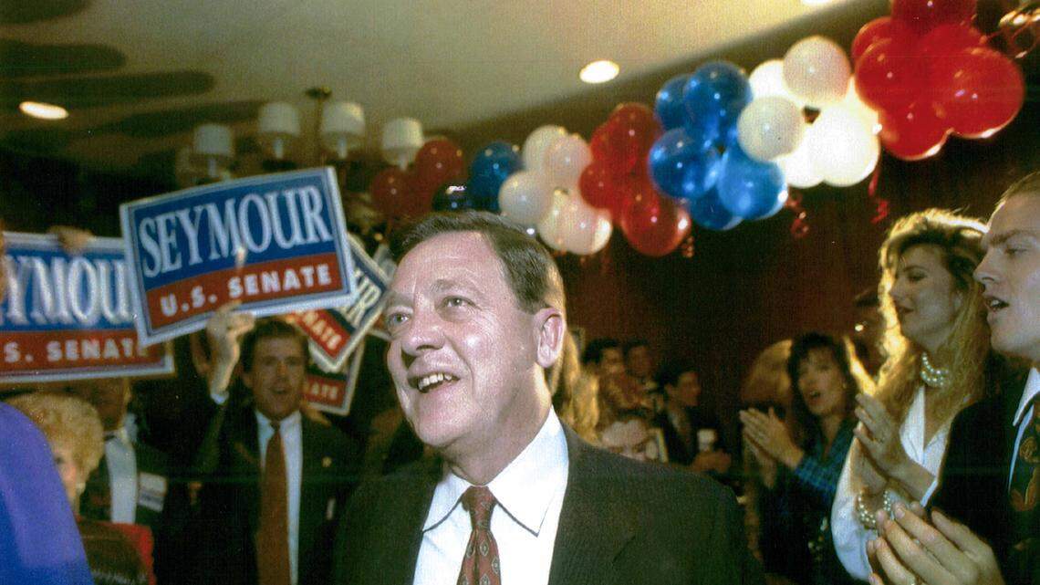 Balloons rise behind Republican Sen. John Seymour as he mingles with supporters on Nov. 3, 1992, in Los Angeles, but the night’s results saw his election hopes eventually fade.