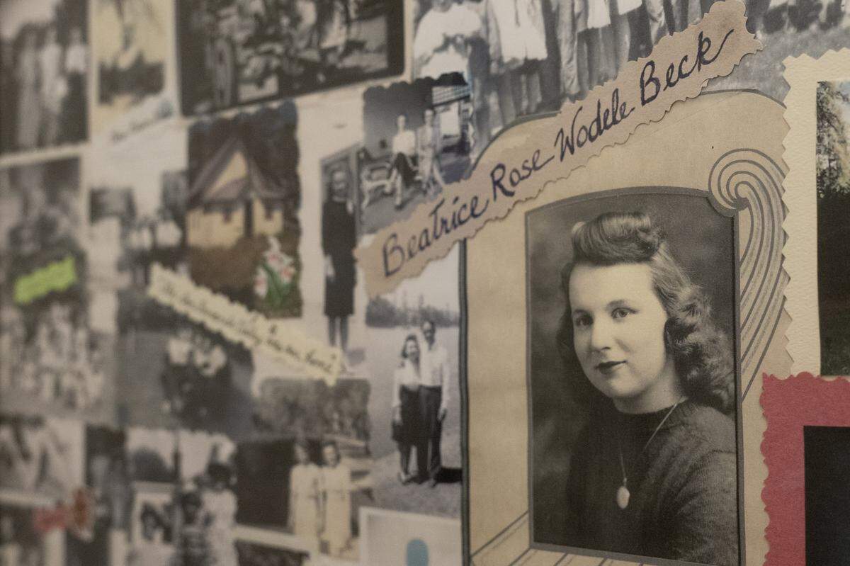 A 1942 photograph is displayed at the Nevada City home of Beatrice Beck. Beck worked at Lockheed in Burbank helping build B-17 bombers as a "Rosie the Riveter" during World War II. 