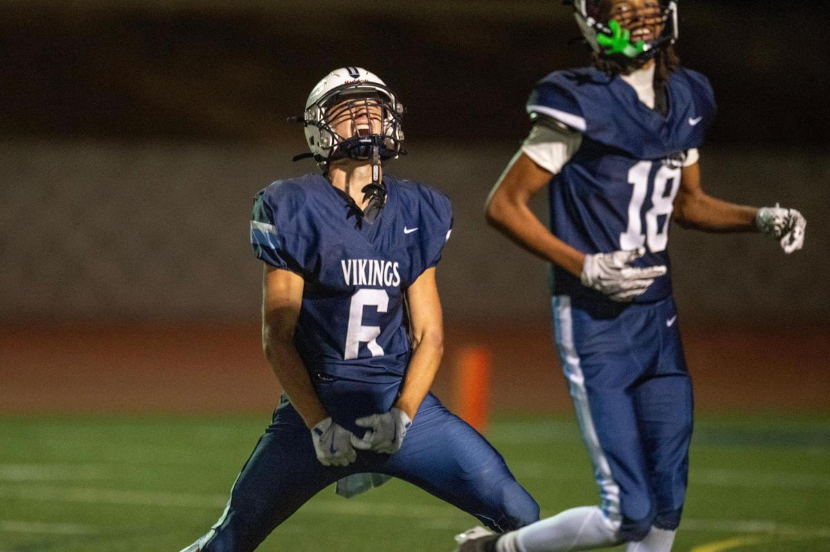 Oakmont Vikings safety Seth Starkey (6) lets out a yell after intercepting a pass In the fourth quarter against the Marysville Indians on Friday, Oct. 25, 2024, in Roseville.