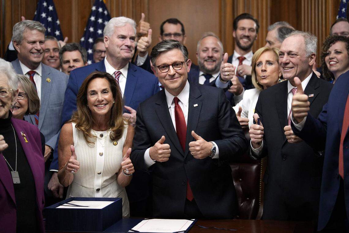 House Speaker Mike Johnson, joined by Republican leaders, gives thumbs up after passing President Trump’s “Big Beautiful Bill” on Capitol Hill on July 3, 2025 in Washington, D.C.