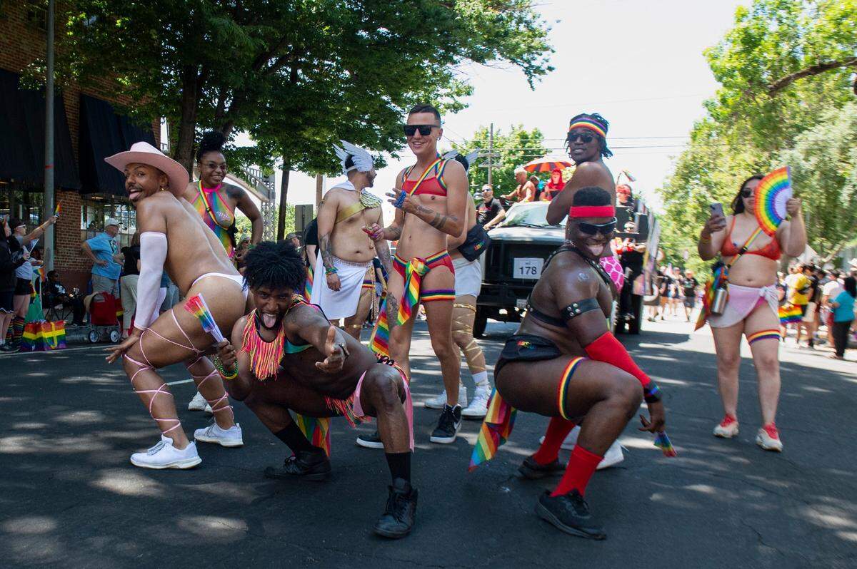 Dancers from the Lavender Heights club Badlands perform during the Sacramento Pride March and Parade on Sunday, June 11, 2023.