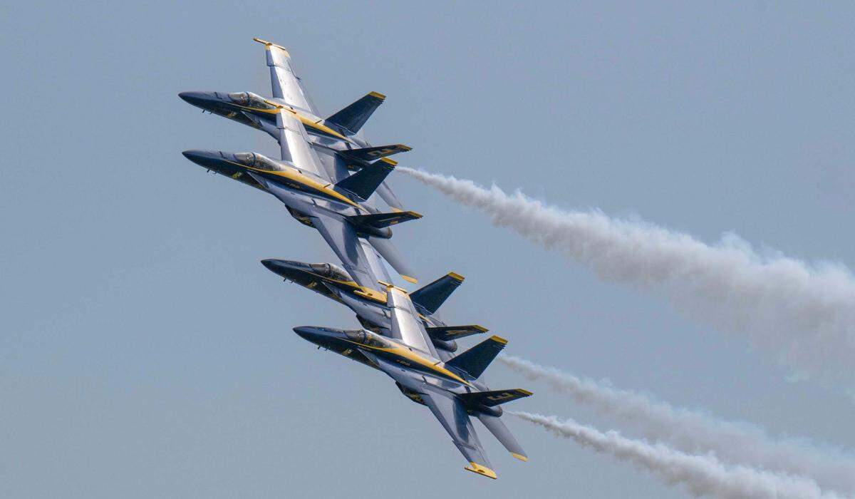 U.S. Navy Blue Angels F/A-18 Hornets fly in close formation at the California Capital Airshow at Mather Airport on Saturday, March 22, 2025.