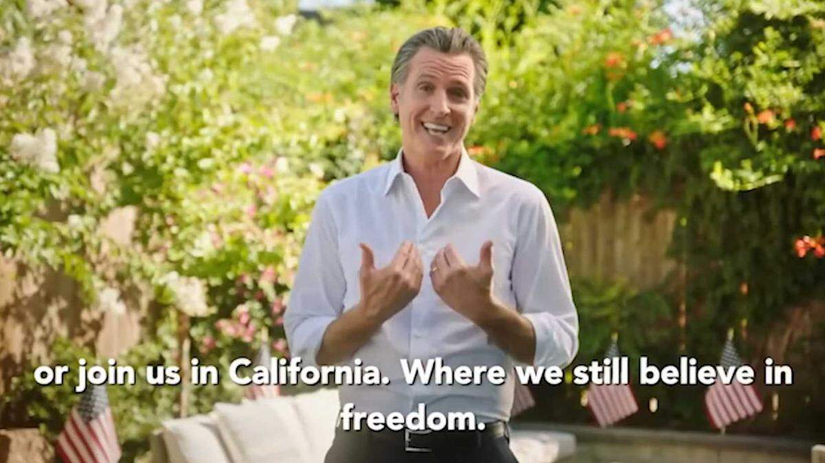 California Gov. Gavin Newsom’s ad on Fox News attacks Florida Gov. Ron DeSantis and the state on policies including abortion rights, gun regulation and environmental protection.
