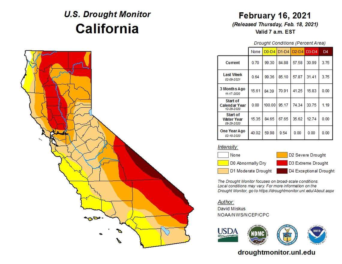 U.S. Drought Monitor snapshot of California on Tuesday, Feb. 16, 2021.