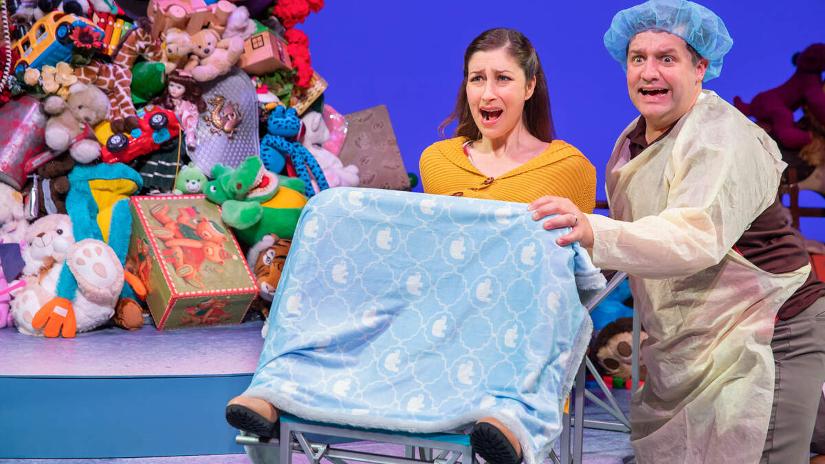 Actors Dana Brooke and Peter Story wrangle uproarious laughs in “The Forever Question,” which is playing at the B Street Theatre.