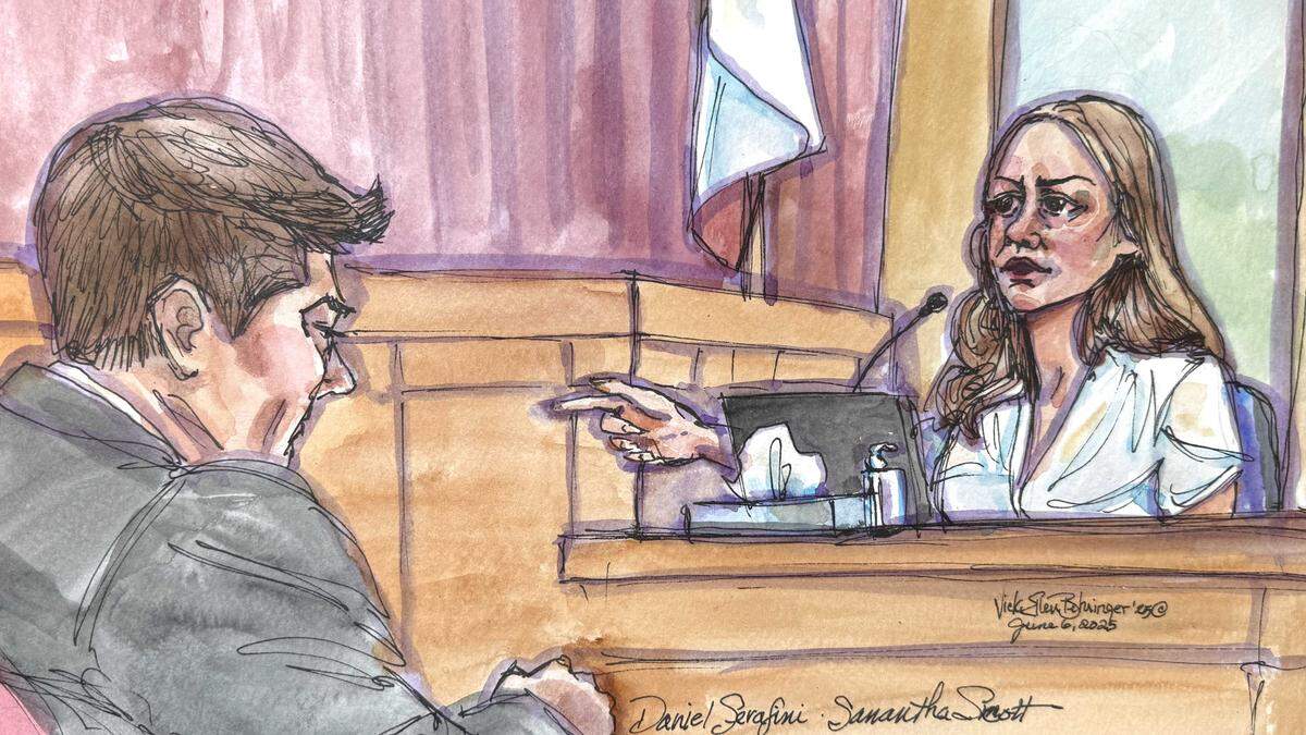 In a Placer County courtroom Friday, Samantha Scott, right, recounted how she witnessed Daniel Serafini, left, test-fire a handgun and later helped him dispose of evidence after the fatal shooting of his wife’s parents. Scott, a former family nanny and one-time romantic partner, testified for the prosecution after she pleaded guilty in February to a felony charge of being an accessory in the 2021 robbery and shooting.