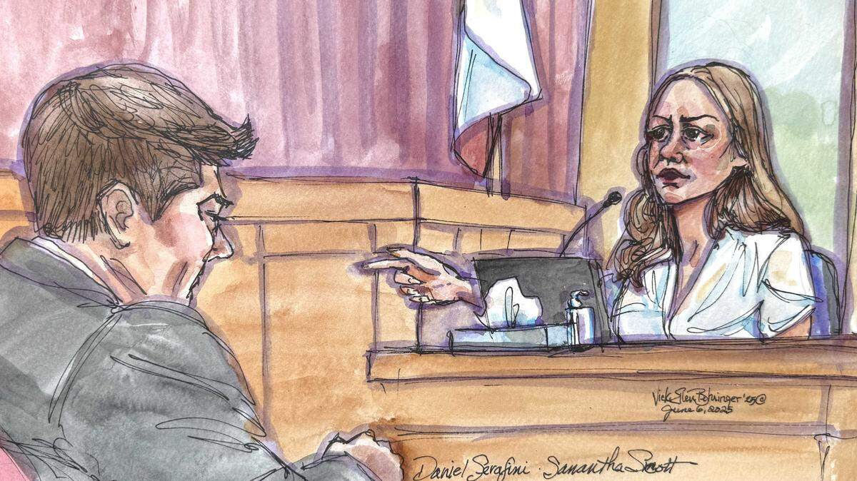 In a Placer County courtroom Friday, Samantha Scott, right, recounted how she witnessed Daniel Serafini, left, test-fire a handgun and later helped him dispose of evidence after the fatal shooting of his wife’s parents. Scott, a former family nanny and one-time romantic partner, testified for the prosecution after she pleaded guilty in February to a felony charge of being an accessory in the 2021 robbery and shooting.