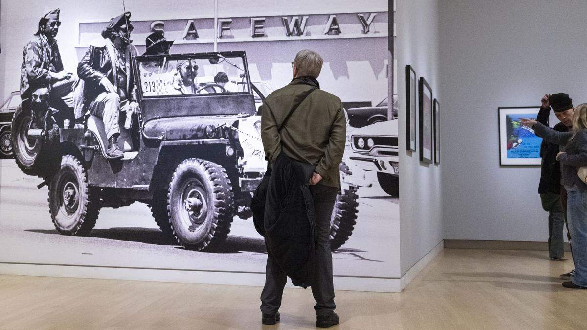 A large photo of Esteban Villa, José Montoya, Ricardo Favela and Pedro "Pete" Hernandez by Harold Nihel is displayed at the “Rebels With La Causa: Royal Chicano Air Force Art and Activism, 1970-1990,” exhibit at the Crocker Art Museum during a show preview on Friday, Feb. 20, 2026.