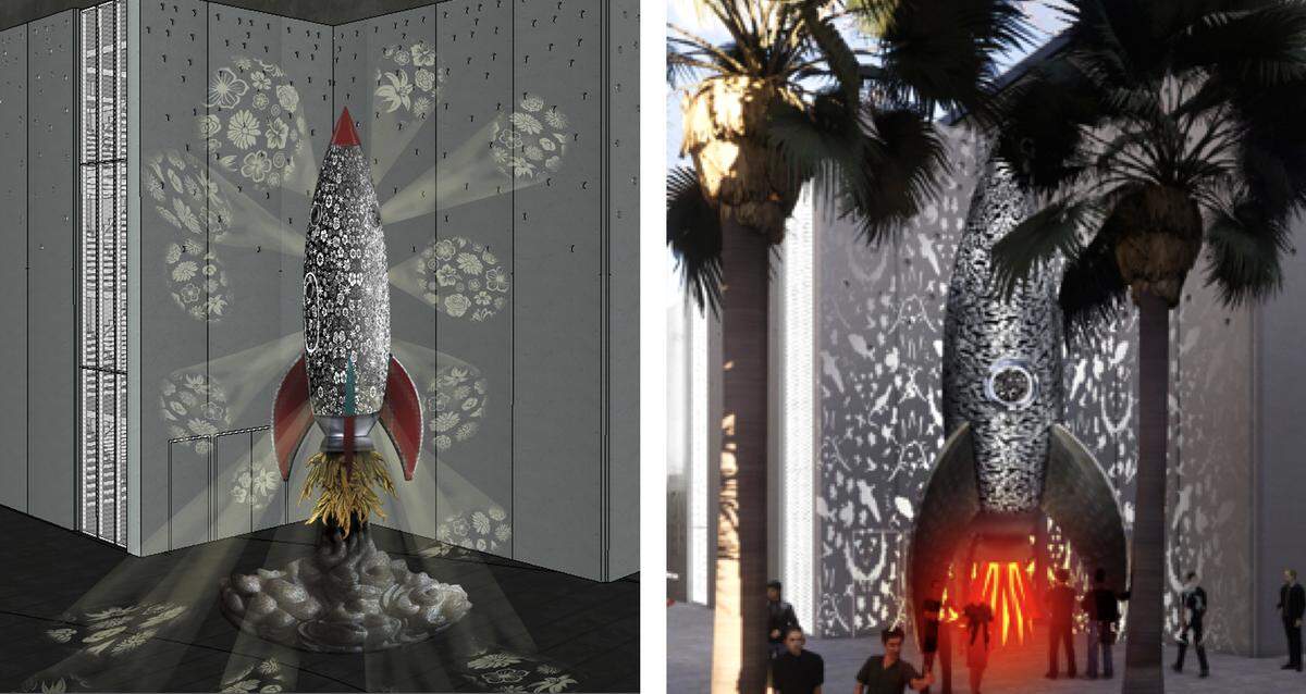 A rendering of a retro rocket ship sculpture proposed for the Sacramento Convention Center shows a fuselage perforated with floral shapes that will allow interior lights to cast moving shadows on the walls of the building.  