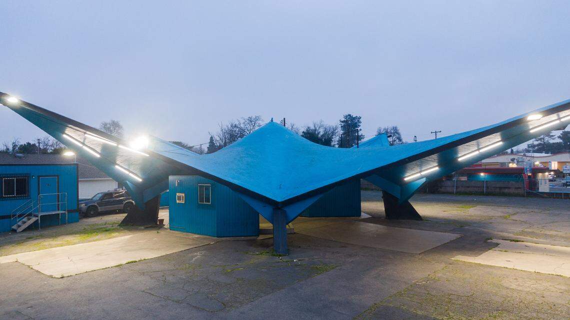 A former Orbitz gas station, designed in the midcentury Googie style, stands on Northgate Boulevard in Sacramento on Wednesday.