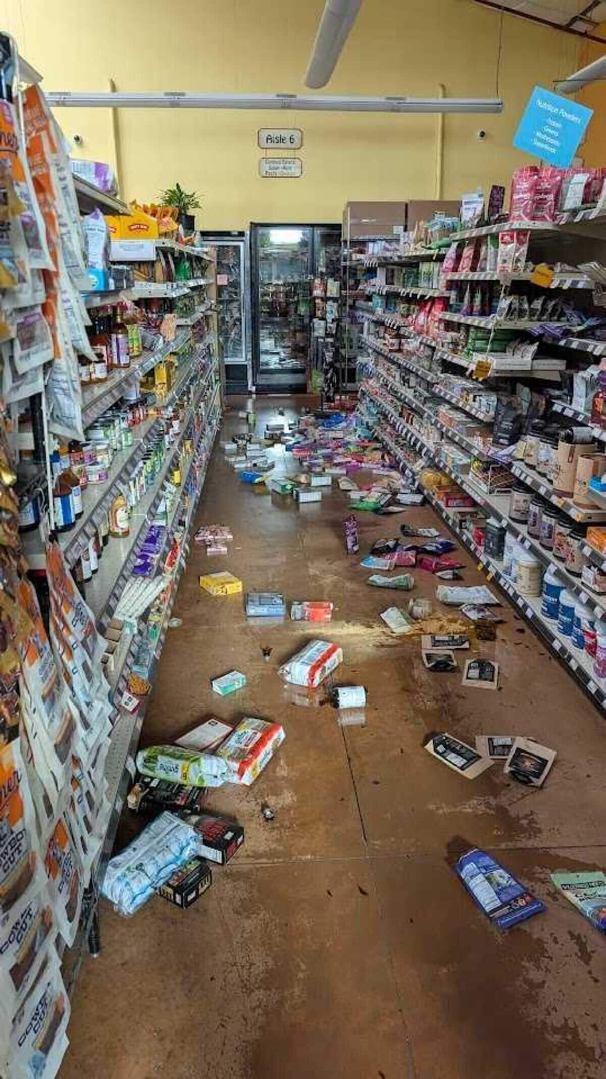 Items that fell from store shelves during a magnitude 5.6 earthquake are scattered across the floor at Mariposa Market in Willits on Wednesday, June 24, 2026. Minor injuries were reported after the moderate quake rattled Mendocino County.