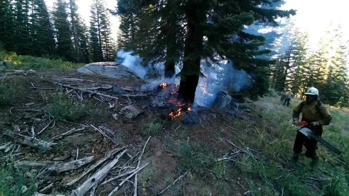 Firefighters work on Monday Aug. 22, 2022, to contain two wildfires, later called the Berry Fire, southwest of the Sierra County town of Sattley, California. A Placer County Man was arrested on suspicion of arson in connection with the fires.