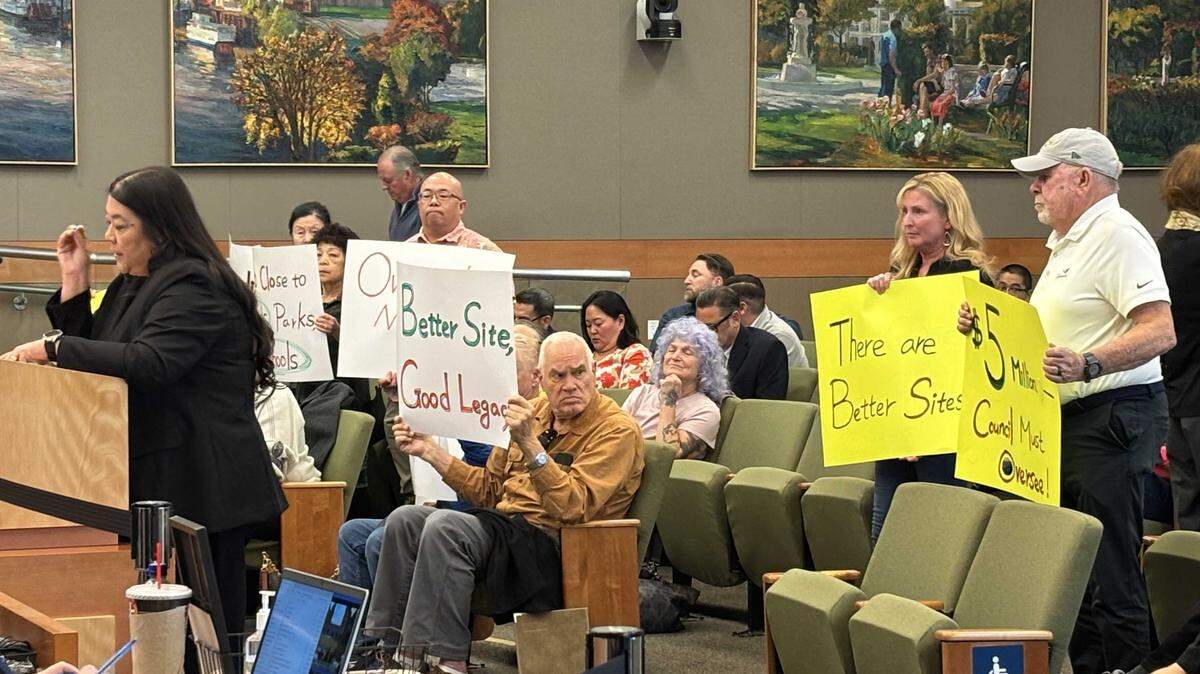 North Natomas residents on March 10, 2026, descend on City Hall to oppose a micro-community for homeless seniors at the corner of Arena Boulevard and El Centro Road. Now, a group is taking the issue to court.