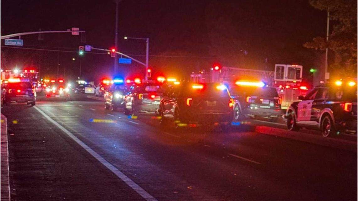 Vehicles from multiple law enforcement agencies are seen at the corner of Howe Avenue and Cottage Way in Arden Arcade on Saturday, April 18, 2026.
