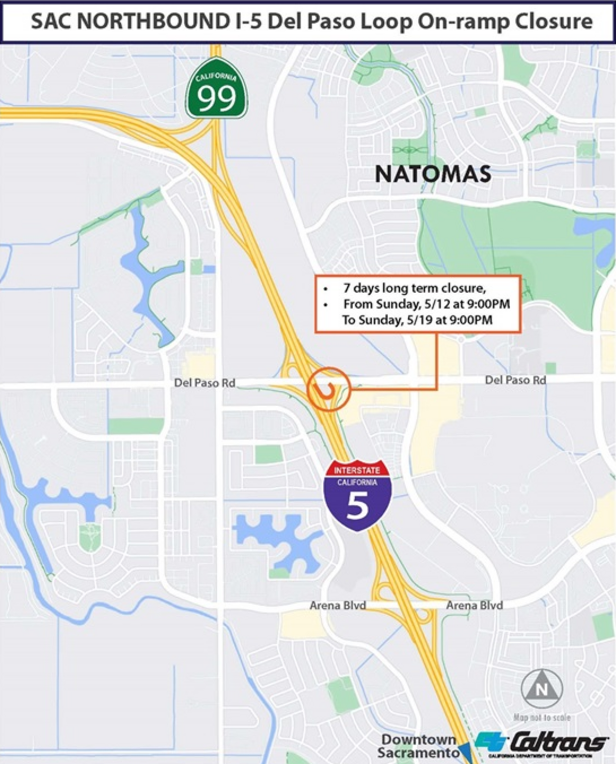 During construction of the eastbound Del Paso Road loop on-ramp, two detours will be in effect.&nbsp;