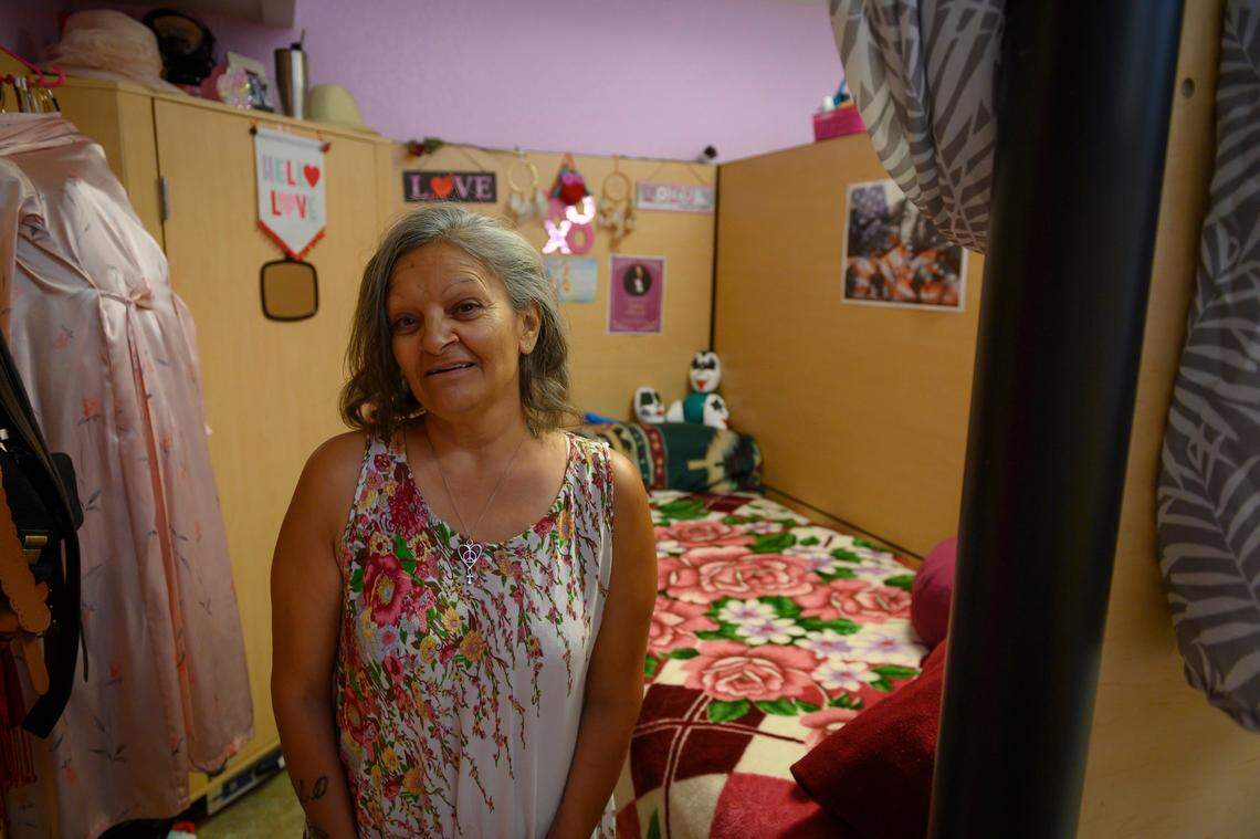 Gloria Pizaña, 54, is pictured in her living space in Sister Nora’s Place, a long-term homeless shelter for women with a history of trauma, serious mental and physical illness, on Thursday, August 1, 2019, in Sacramento.