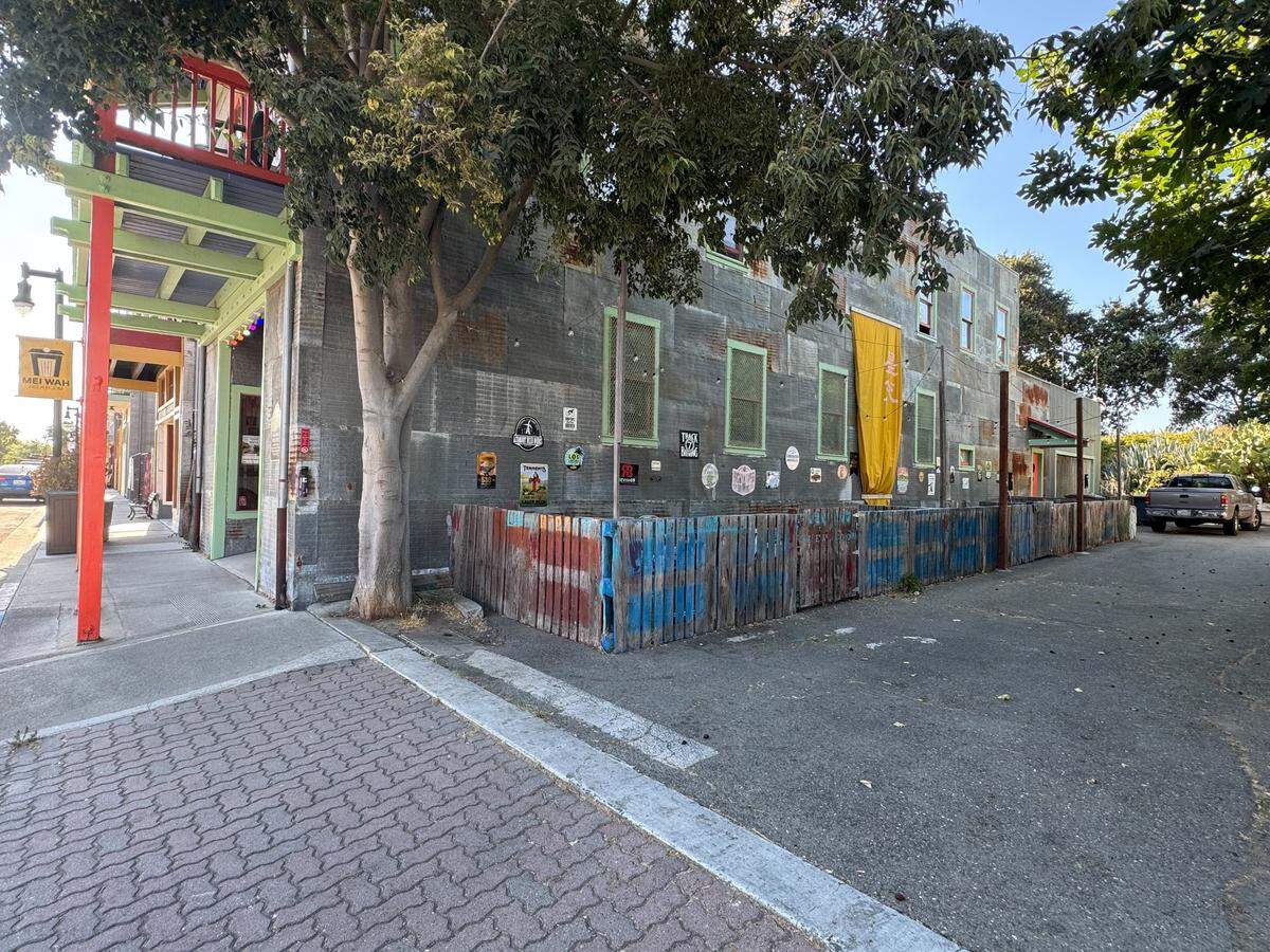 Mei Wah Beer Room’s beer garden, which a grand jury report, city council members and city staff found to be violating city regulations by encroaching on the road at the dead end of F Street. Owner and former Mayor Iva Walton’s plea to the council to reinstate the permit that allowed for the garden’s creation was rejected on Tuesday.
