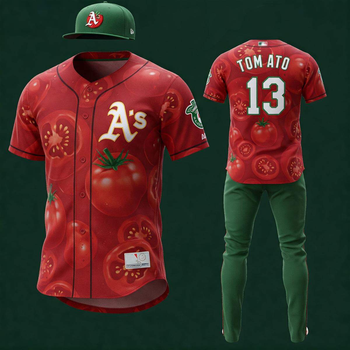 The A’s do not have a a City Connect uniform because the team is not officially connected to a city, even though it is current playing in West Sacramento. What would a uniform look like with a tomato theme? This is an AI-generated image.
