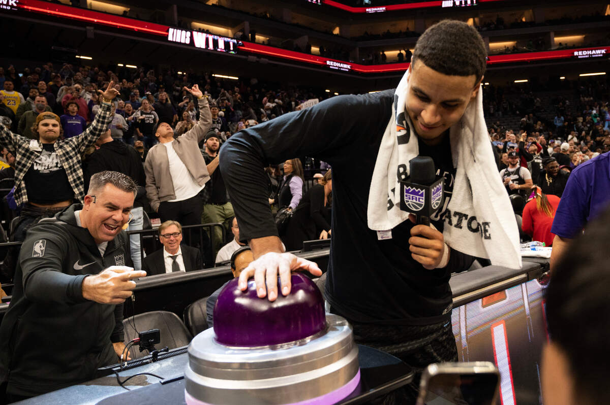 Sacramento Kings forward Keegan Murray (13) lights the beam after the Kings beat the Lakers 134-120 at Golden 1 Center in Sacramento on Dec. 21.