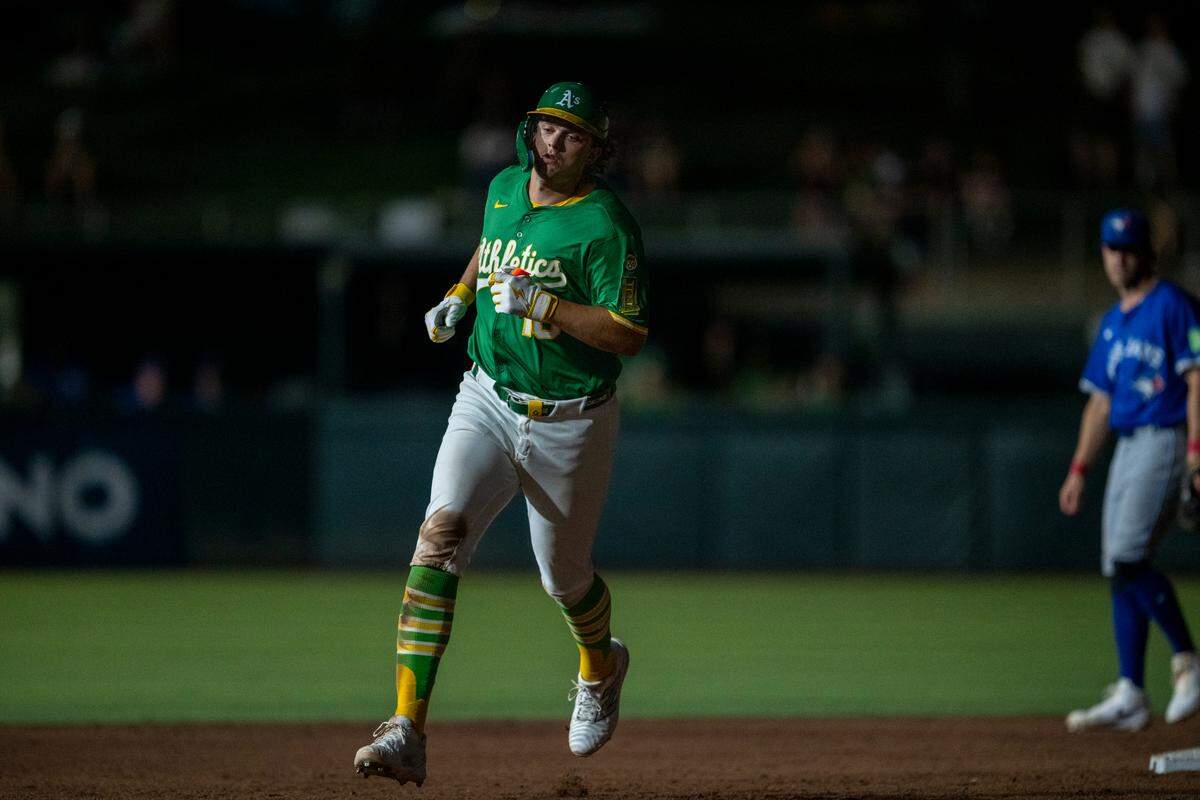 Athletics first baseman Nick Kurtz (16) rounds second base after hitting a two run home run during the sixth inning during a baseball game against the Toronto Blue Jays at Sutter Health Park in West Sacramento on Friday, July 11, 2025.