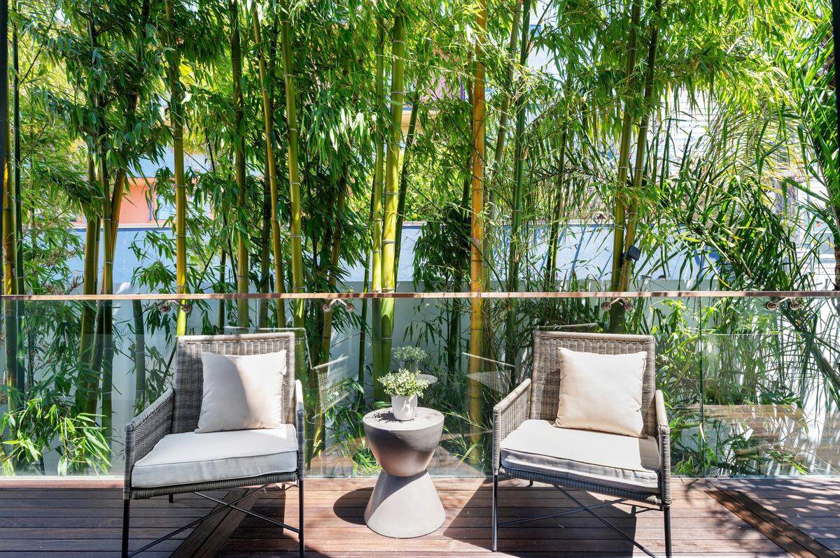 The patio in one of the residences looks out onto a bamboo grove.