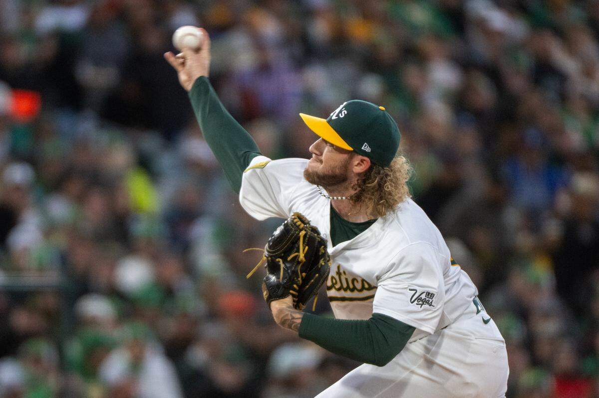 Athletics starting pitcher Joey Estes pitches on Monday, March 31, 2025, against the Chicago Cubs in the first inning of the first Major League Baseball game at Sutter Health Park in West Sacramento.