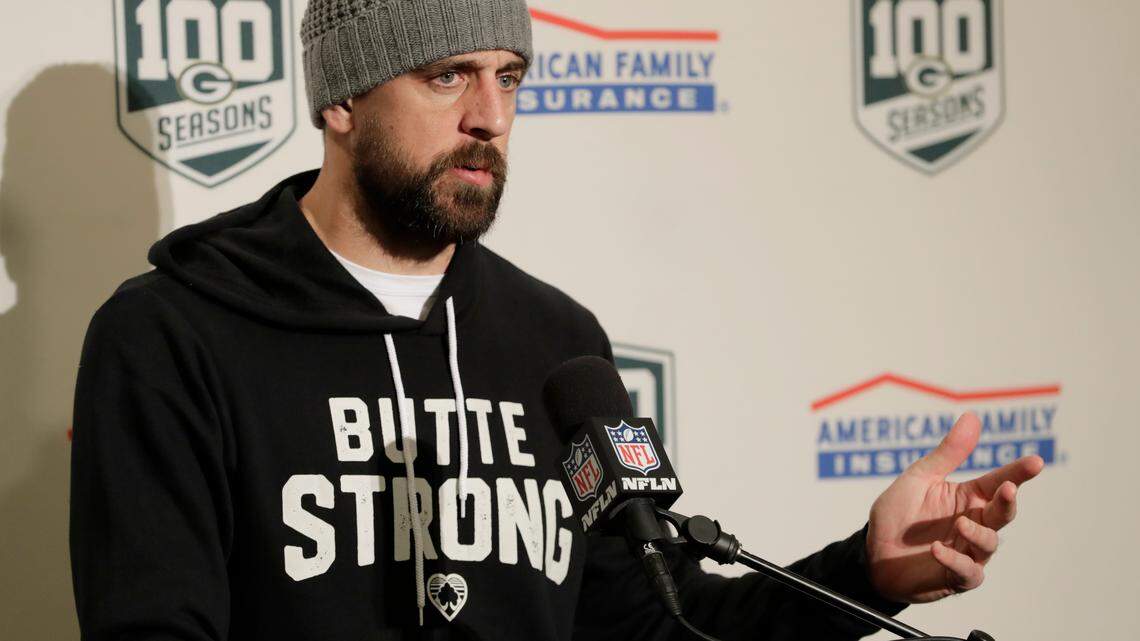 Green Bay Packers quarterback Aaron Rodgers wears a sweatshirt that reads “Butte Strong” in support of the victims of the Camp Fire in Butte County following a loss to the Seahawks on Thursday in Seattle. Rodgers is from Chico, the largest city in the county.