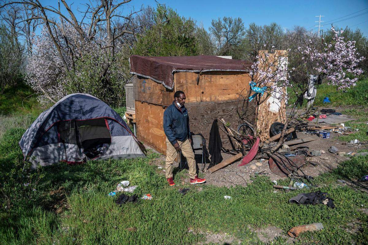 Brandon Harmon, 48, said he hopes the county doesn’t remove the portable toilets near the American River. “You take these restrooms and all you going to do is bring diseases right to your front door,” he said. Harmon built a shelter he hopes to turn into a store to sell needed supplies to other homeless residents or bikers along the trail.