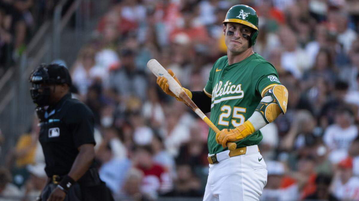 Athletics outfielder Brent Rooker (25) waits on deck in the first inning during a game against the San Francisco Giants at Sutter Health Park on Sunday in West Sacramento. Rooker will compete for the first time in the MLB Home Run Derby next Monday.