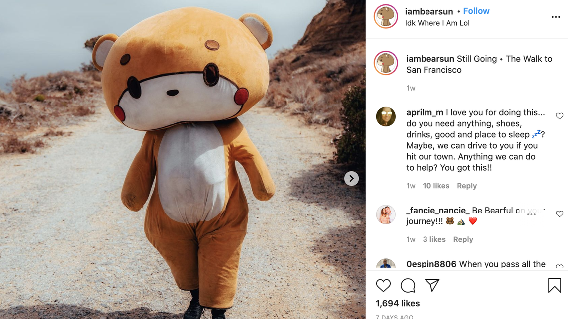 Jessy Larios, 33, is walking from Los Angeles to San Francisco in a bear suit he calls “Bearsun.”