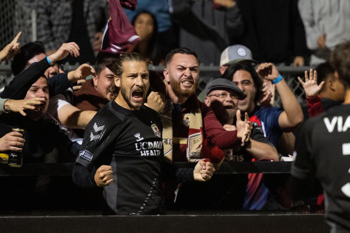 Sacramento Republic FC forward Russell Cicerone (11) celebrates his goal with fans against Phoenix Rising during the USL Western Conference finals on Saturday, Nov. 4, 2023, at Heart Health Park in Sacramento.