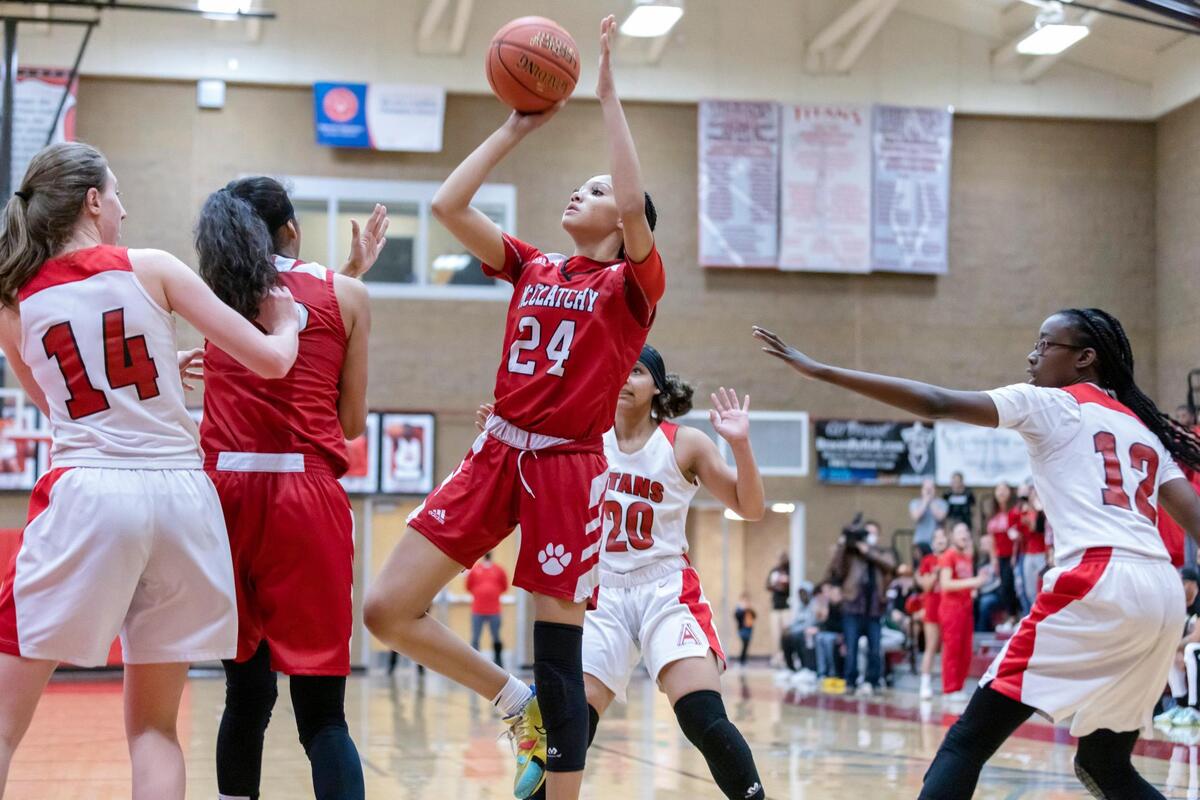 McClatchy Lions forward Saray White (24) makes a jump shot during the third quarter at the CIF Northern California Division II round two playoff game on Thursday, March 3, 2022, at Antelope High School. White was McClatchy’s top scorer with 19 points. The Titans won 60-58.