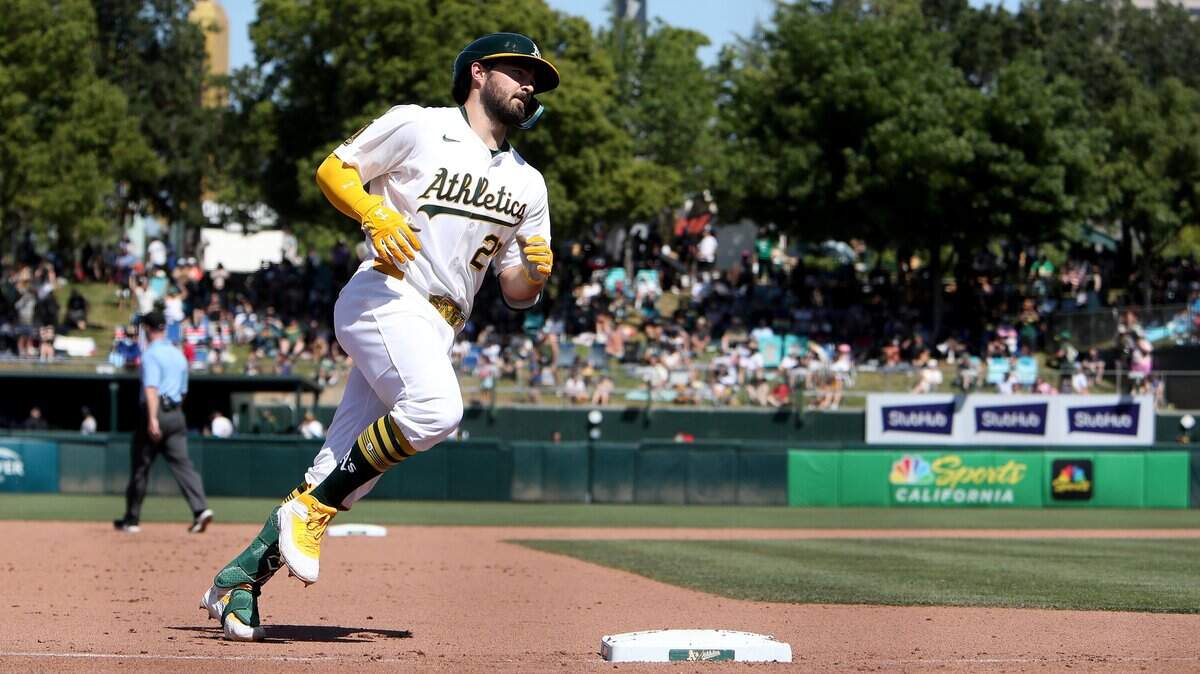 May 10, 2025; West Sacramento, California, USA; Athletics designated hitter Shea Langeliers (23) rounds the bases after hitting a three run home run against the New York Yankees during the seventh inning at Sutter Health Park. Mandatory Credit: Dennis Lee-Imagn Images