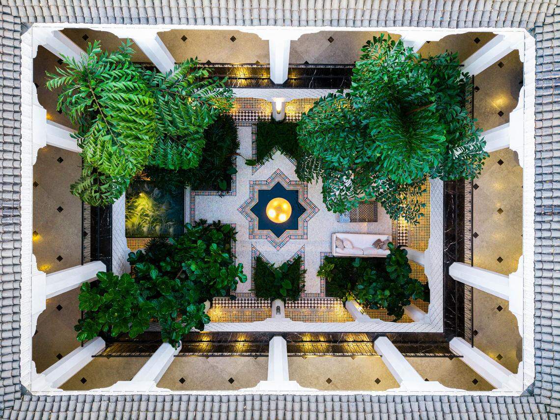 Inpired by the Moroccan riad, the 12,650-square-foot home has five bedrooms and seven bathrooms.