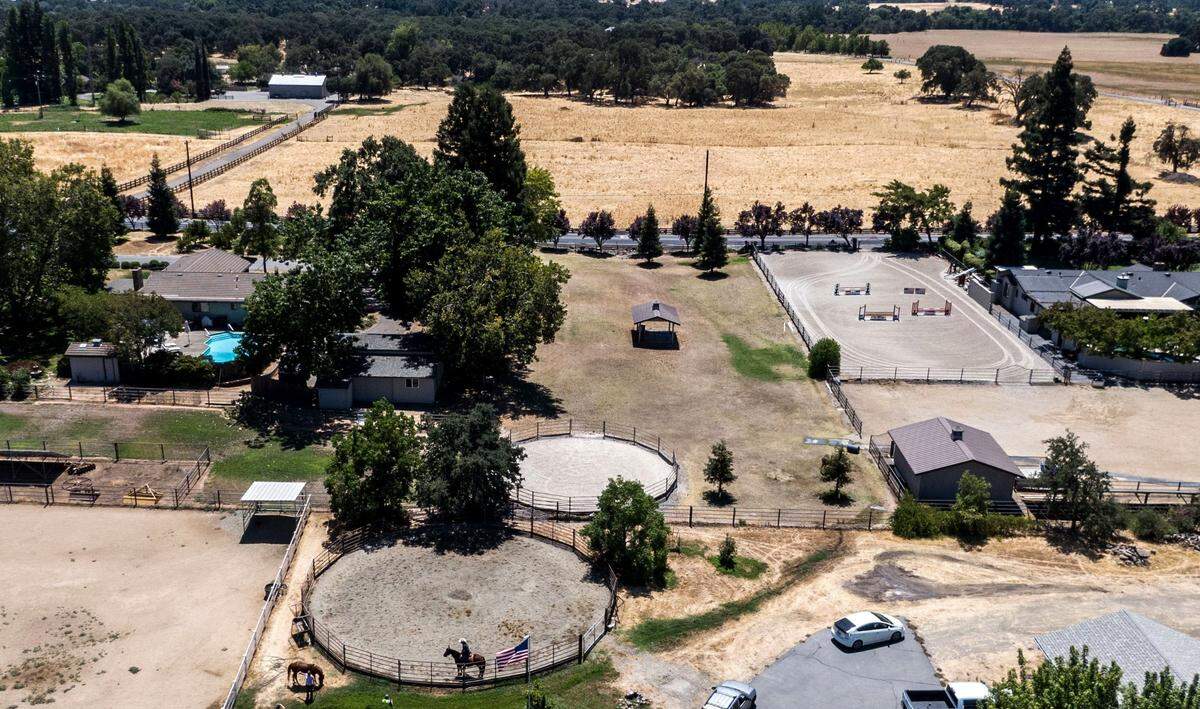 Tammy Riedman and her husband Rick work with their horses on on their ranch in Dry Creek on July 30. The couple are worried what the construction of a development on the other side of Vineyard Road will do to their rural life style.