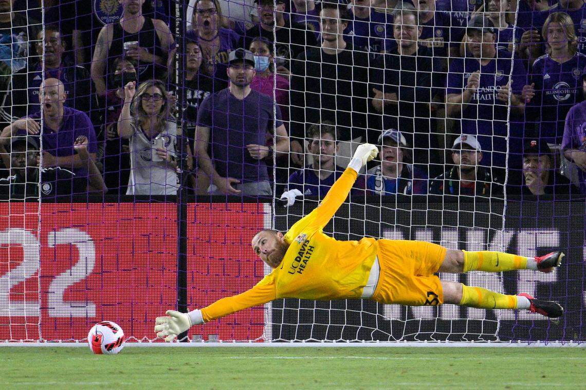 A shot by Orlando City’s Benji Michel gets past Sacramento Republic FC goalkeeper Daniel Vitiello during the second half of a U.S. Open Cup Final soccer match, Wednesday, July 27, 2022, in Orlando, Fla.
